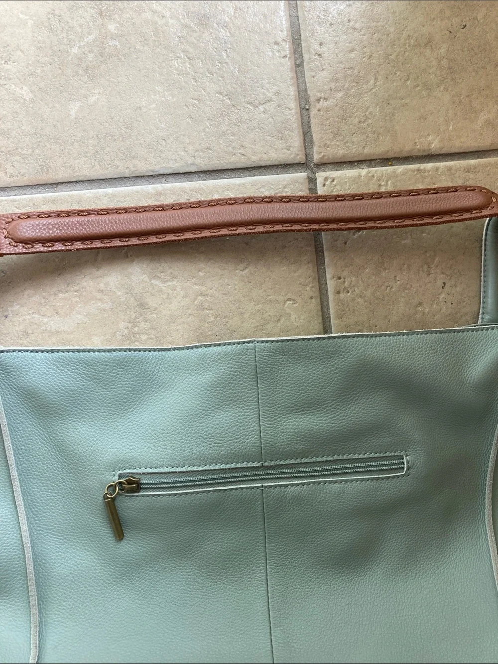 The Sak Leather Tote Bag in Light Sage with Contrast Brown Handles
